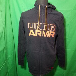 Under Armour Mens Medium Black Orange Big Logo Zip Up Hoodie Loose Gym Workout